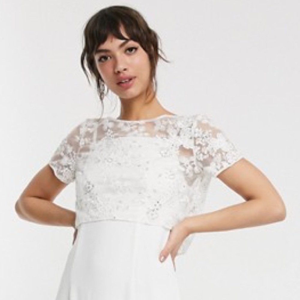 French Connection white lace bridal top bolero shirt cropped NWT